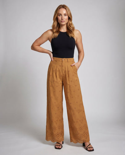 Damen Weite Stoffhose mit floralen Stickereien