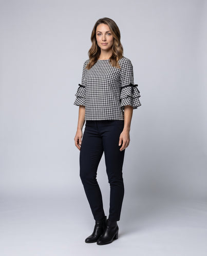 Damen elegante Bluse mit voluminösen Rüschenärmeln und Karomuster