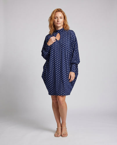 Damen Polka-Dots Tunika Kleid mit weitem Schnitt und eleganter Vorderöffnung