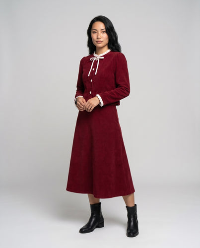 Damen Elegante Wickeljacke mit Midi-Rock und dekorativem Kragen