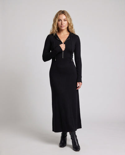 Damen Elegantes Langarmkleid mit Reißverschluss und modischem Kapuzenkragen