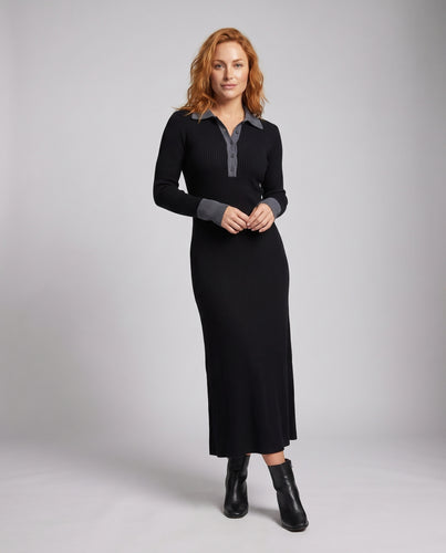 Damen Langarm-Kleid mit modernem Polo-Kragen und vertikaler Rippstruktur