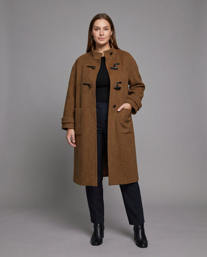 Damen Lange Wollmantel mit dekorativen Knopfdetails und praktischen Taschen