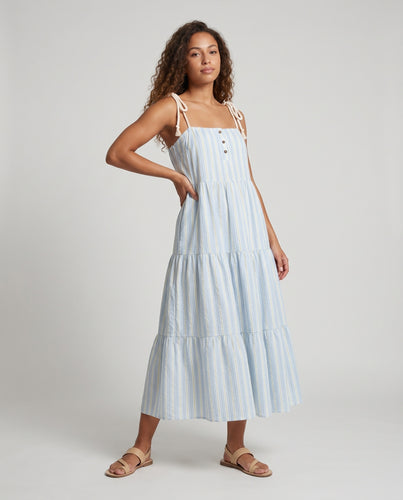 Damen Langes Sommerkleid mit Spitzendetails und gestreiftem Design