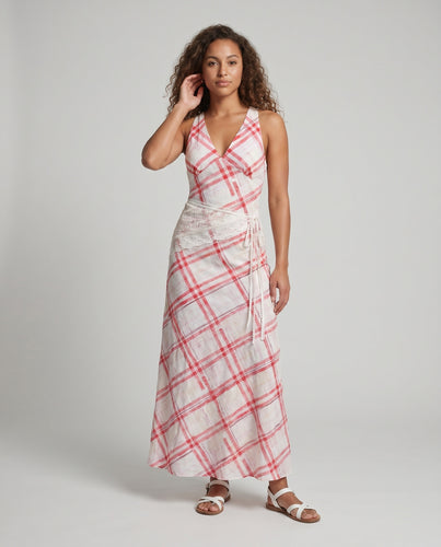 Damen Langes Wickelkleid mit Karo-Muster und zarten Rüschen