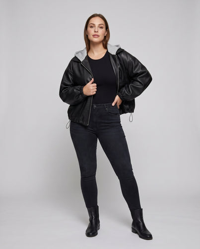 Damen lässige Lederjacke mit abnehmbarer Kapuze und Rüschendetails