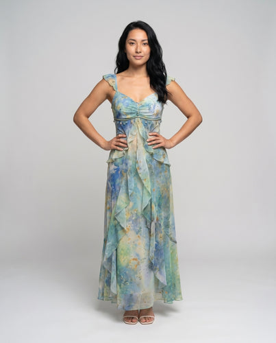 Damen Maxi-Kleid mit floralem Design und elegantem V-Ausschnitt