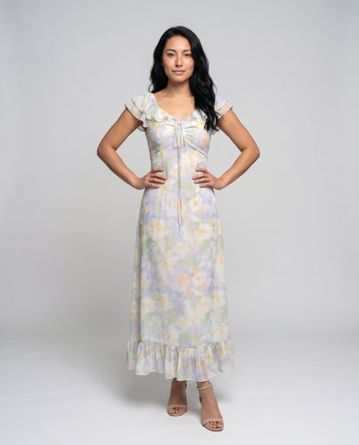 Damen Maxi-Kleid mit floralem Muster und leichtem Chiffon-Ausschnitt