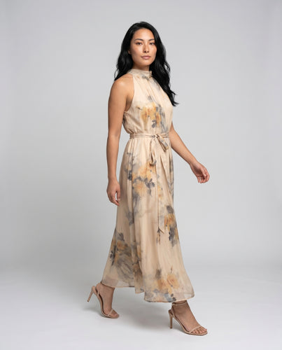 Damen Maxi-Kleid mit floralen Akzenten und elegantem Halterkragen