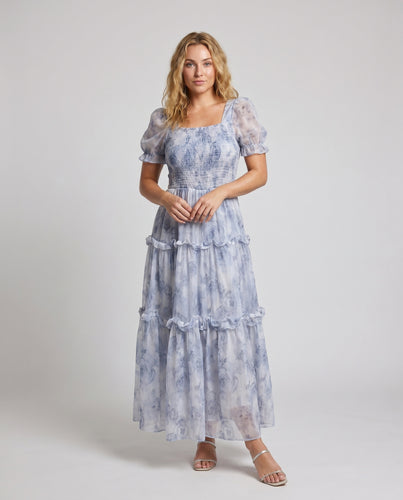 Damen Maxi-Kleid mit voluminösen Rüschen und elastischem Oberteil