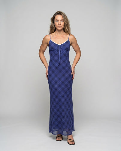 Damen Maxikleid mit modernem Karomuster und verstellbaren Spaghetti-Trägern