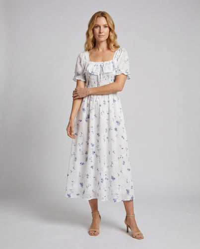 Damen Midi-Kleid mit Puffärmeln und zartem Blumenmuster