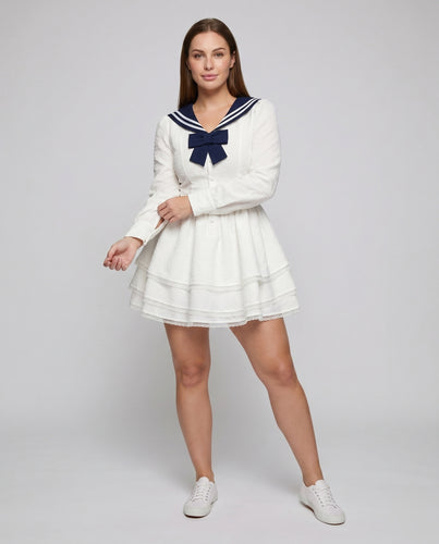 Damen Nautisch inspiriertes Mini-Kleid mit weitem Rock und durchgehendem Rüschensaum