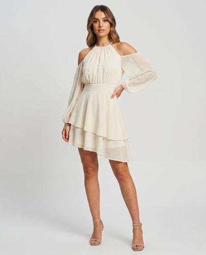 Damen Off-Shoulder Kleid mit voluminösen Ärmeln und elegantem Saum