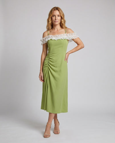 Damen Off-Shoulder Midi-Kleid mit voluminösen Rüschen und seitlicher Raffung