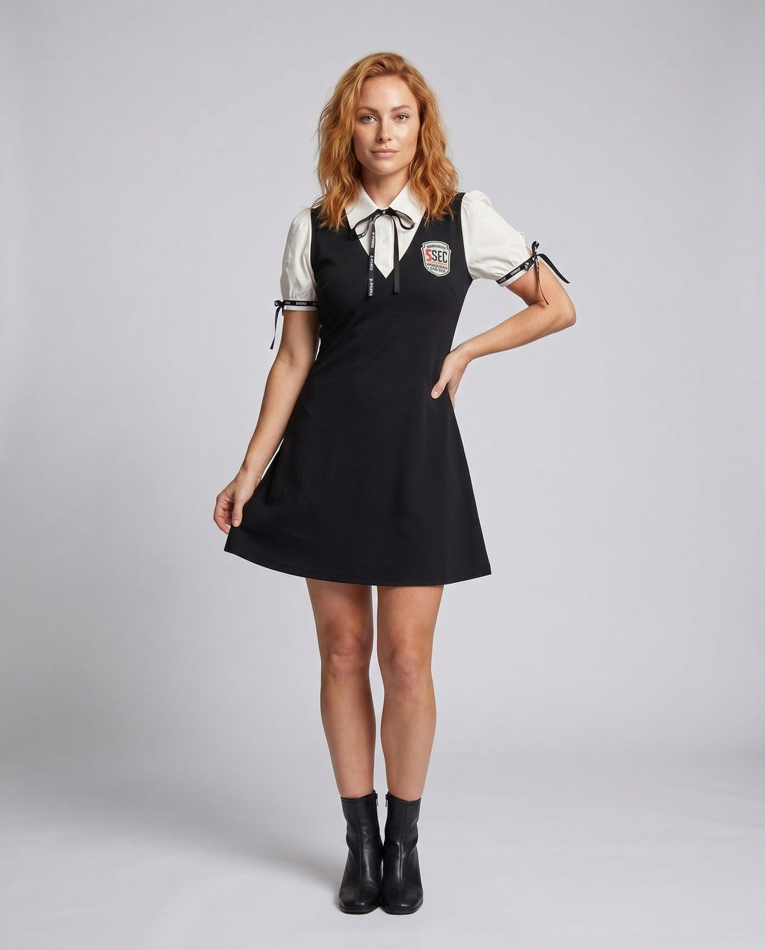 Damen Kleid klassischer Stil Pünktchen Schleife - Vorderansicht