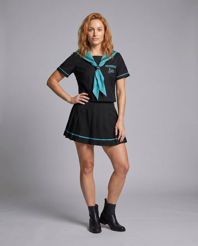 Damen Schuluniform-Kleid mit gestreiftem Kragen und plissiertem Rock