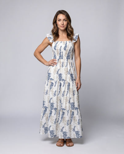 Damen Boho Maxi-Kleid mit rüschigen Trägern und floralen Druckdetails