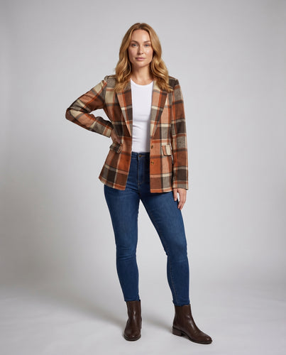 Damen elegante Karokreuzjacke mit Revers und aufgesetzten Taschen
