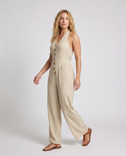 Damen Jumpsuit mit tiefem V-Ausschnitt und eleganten Knopfdetails
