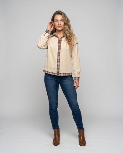 Damen Kariertes Hemdjacke mit abnehmbaren Ärmel und kontrastierenden Details