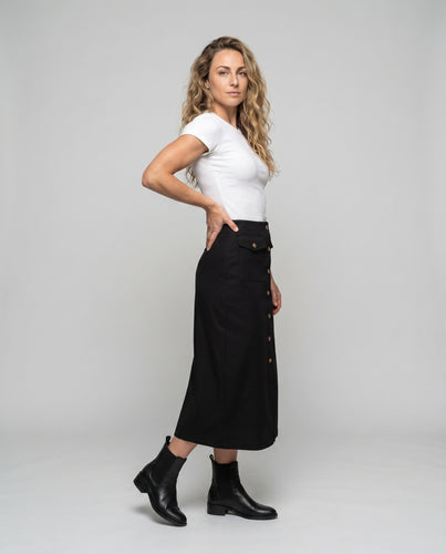 Damen Knielanger Rock mit Knopfleiste und praktischen Taschen