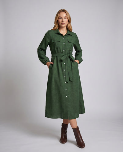 Damen Langarm-Hemdblusenkleid mit tailliertem Bindegürtel
