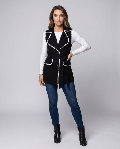 Damen lange Weste mit eleganter Knopfverschluss und tailliertem Gürtel