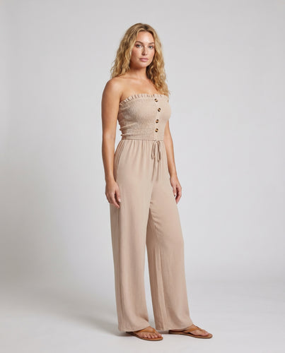 Damen lässiger Jumpsuit mit elastischem Oberteil und dekorativen Knopfdetails
