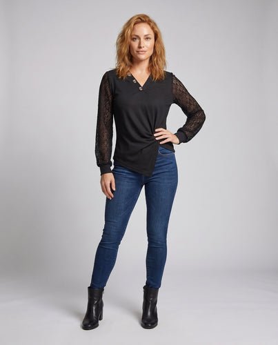 Damen lässiges Oberteil mit elegante Spitzenärmel und dekorativen Knopfdetails