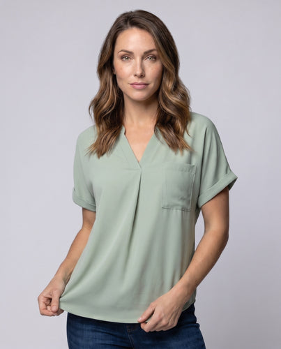 Damen lässiges V-Ausschnitt Blusenshirt mit Brusttasche