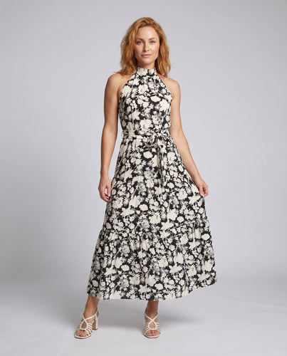 Damen Maxi-Kleid mit eleganten floralem Design und taillierendem Gürtel
