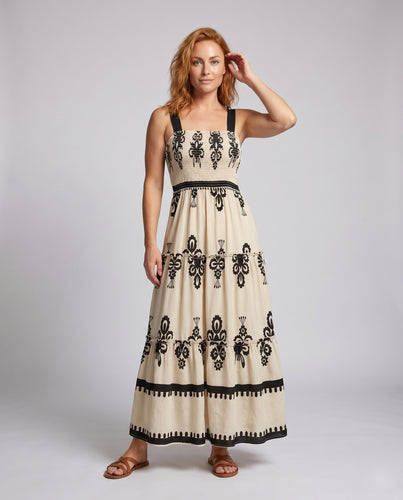 Damen Maxikleid mit aufwendigem Stickdesign und schwingendem Rock