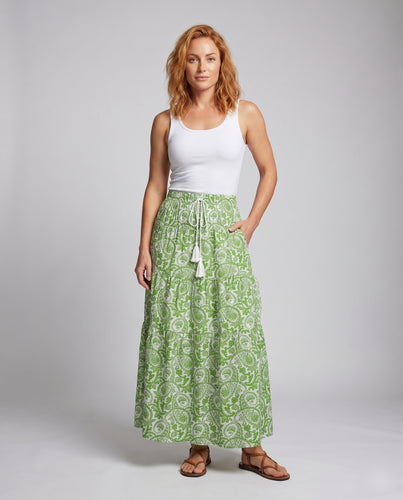 Damen Maxikleid mit floralem Paisley-Design und elastischem Taillengürtel
