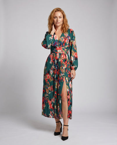Damen Maxikleid mit floralen Falten, tiefem V-Ausschnitt und seitlichem Schlitz