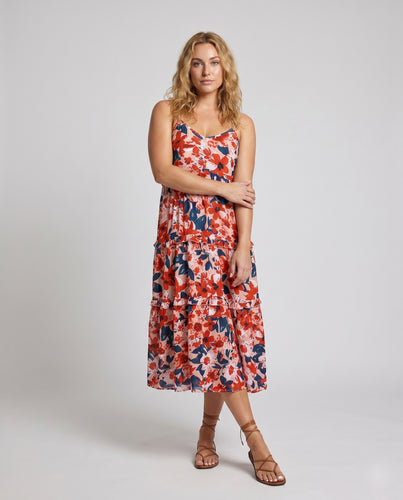 Damen Maxikleid mit floralen Rüschen und verstellbaren Spaghetti-Trägern
