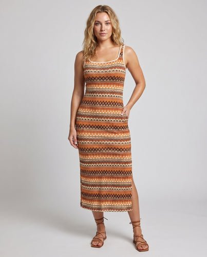 Damen Maxikleid mit geometrischem Muster und eleganter Seitenschlitz