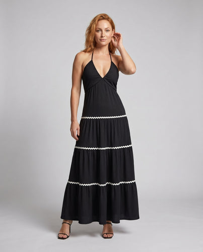 Damen Maxikleid mit raffiniertem Faltenrock und tiefem V-Ausschnitt