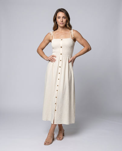 Damen Maxikleid mit Rüschen und Knopfdetails