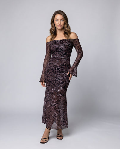 Damen Maxikleid mit schulterfreiem Designelement und transparenten Ärmeln