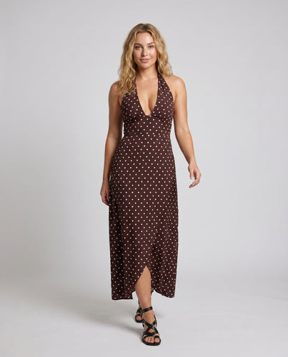 Damen Maxikleid mit tiefem V-Ausschnitt und verspieltem Punkte-Look