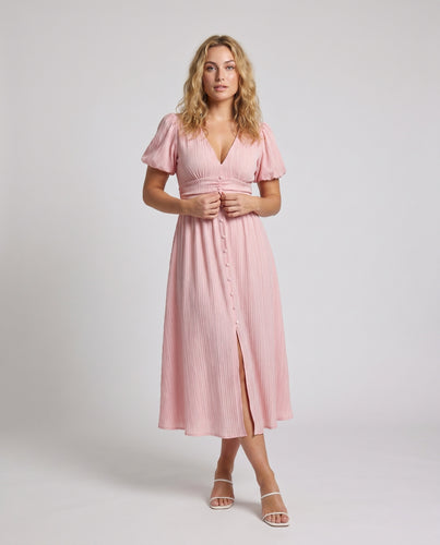 Damen Maxikleid mit V-Ausschnitt, Rüschendetails und eleganter Knopfleiste