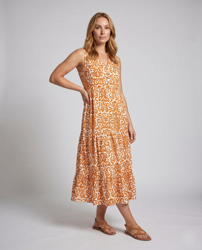 Damen Maxikleid mit verspieltem Muster und dekorativen Knopfdetails