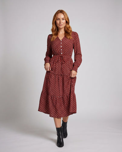 Damen Maxikleid mit voluminösem Rock und eleganten Knopfdetails