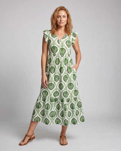 Damen Maxikleid mit voluminösen Rüschendetails und elegantem V-Ausschnitt