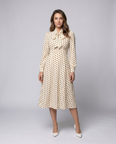Damen Midi-Kleid mit elegantem Schleifenkragen und verspieltem Punkten