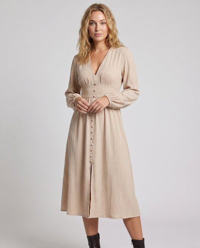 Damen Midikleid mit knopfverziertem V-Ausschnitt und elegantem Schlitz