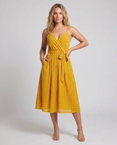 Damen Midikleid mit Punkten und Taillengürtel