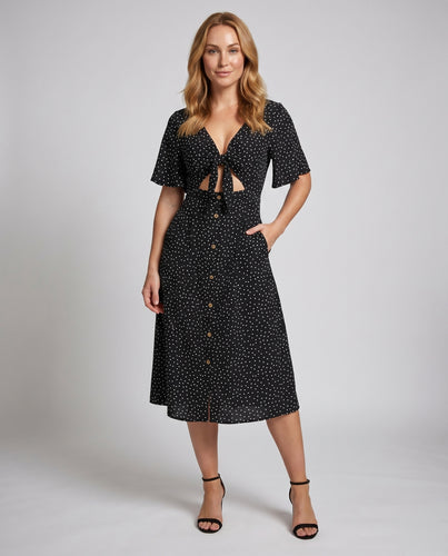 Damen Midikleid mit verspielten Knopfdetails und elegantem V-Ausschnitt