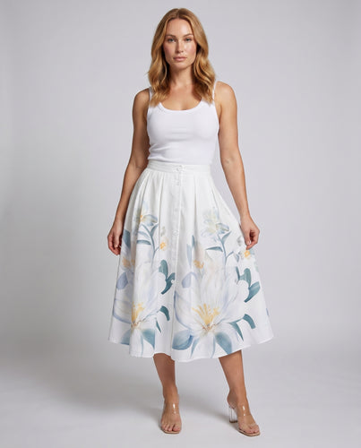 Damen Midirock mit floralem Druck und Knopfdetails